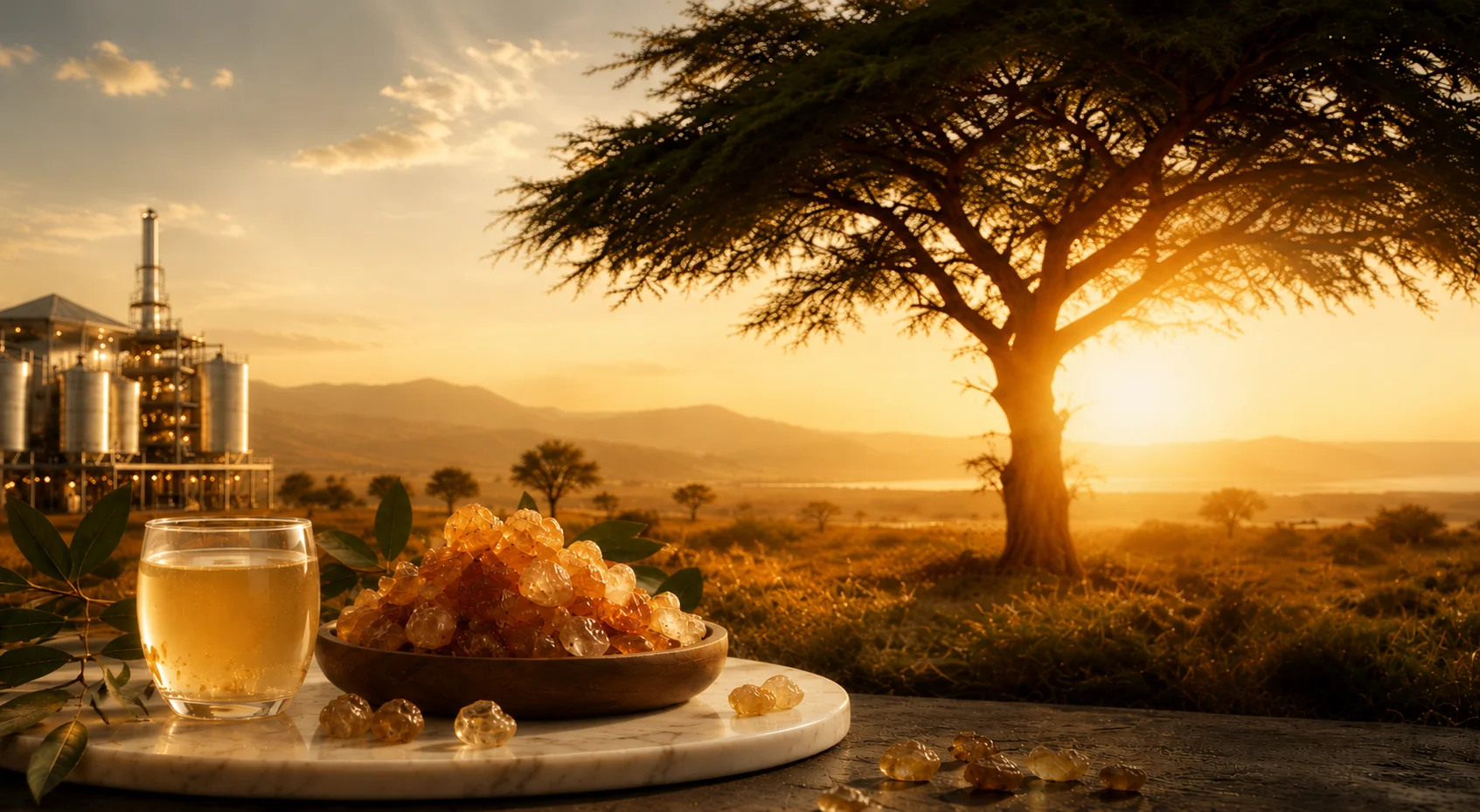 Acacia senegal tree at golden hour with raw gum arabic, a glass of the dissolved product, and the factory in the background