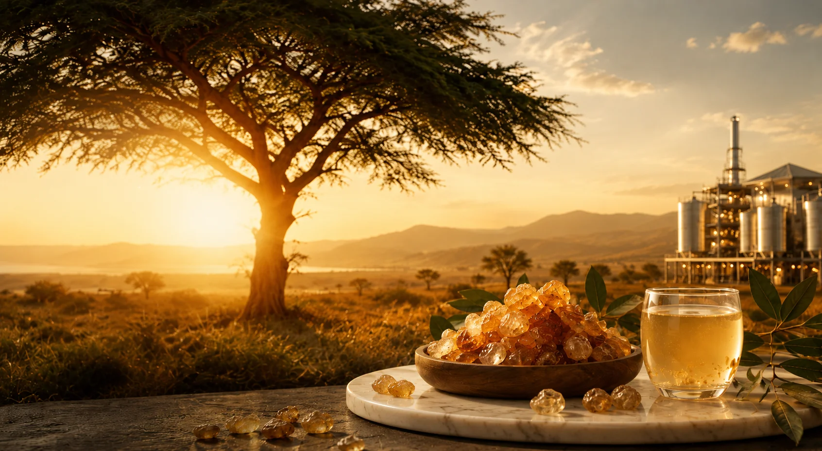 Acacia senegal tree at golden hour with raw gum arabic, a glass of the dissolved product, and the factory in the background