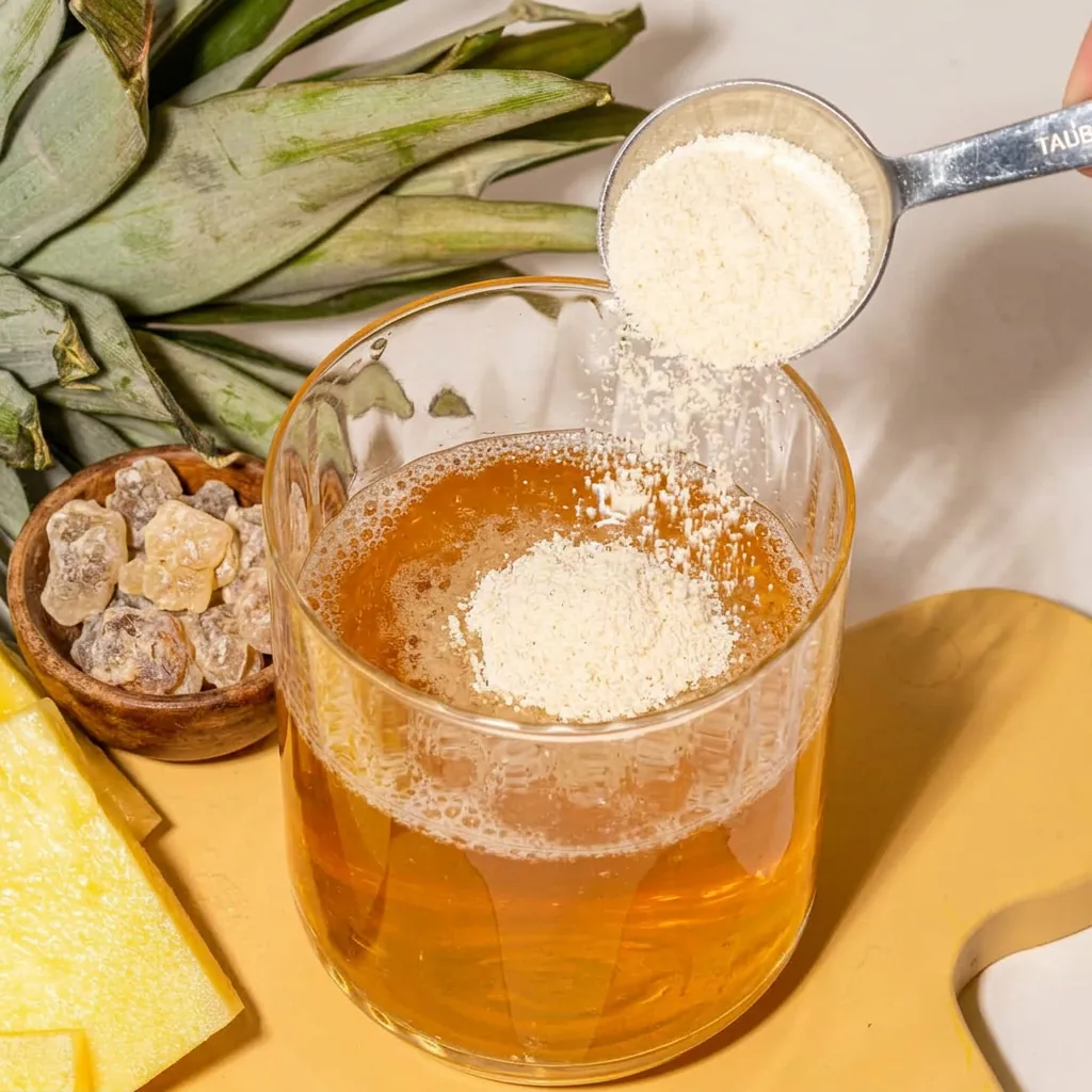 Gum arabic powder being poured into a glass of infusion